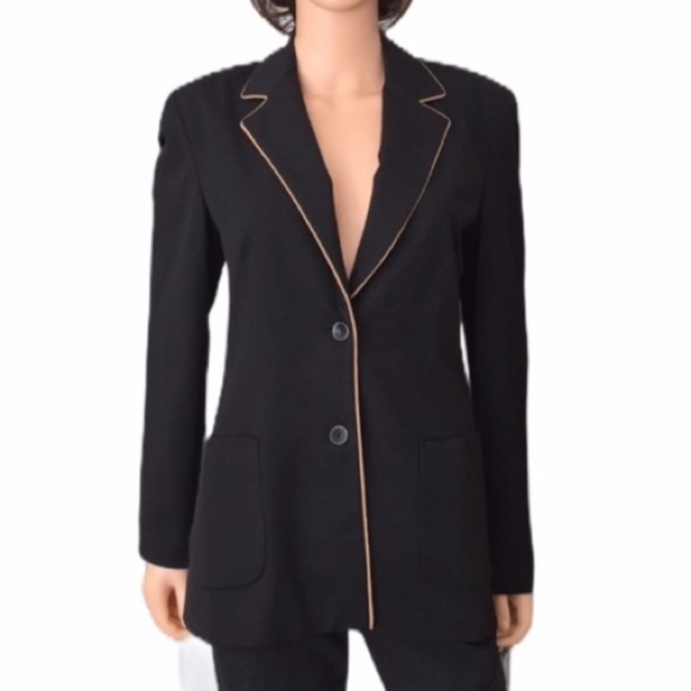 Vintage Gianni Black Blazer with Tan Contrast Piping, Size 8